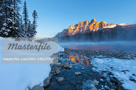 Castle Mountain and the Bow River in Winter, Banff National Park, Alberta, Canada, North America