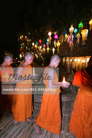 Monks celebrating Loi Kratong festival, Wat Phan Tao Temple, Chiang Mai, Thailand, Southeast Asia, Asia