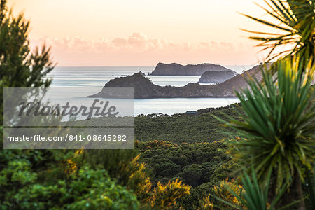 Bay of Islands coastline at sunrise, seen from Russell, Northland Region, North Island, New Zealand, Pacific