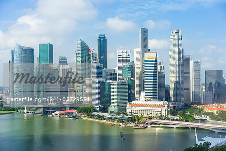 Singapore skyline, financial district skyscrapers with the Fullerton Hotel and Jubilee Bridge in the foreground by Marina Bay, Singapore, Southeast Asia, Asia