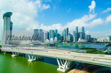 Busy roads leading to the Marina Bay Sands, Gardens by the Bay and ArtScience Museum with the city skyline beyond, Singapore, Southeast Asia, Asia