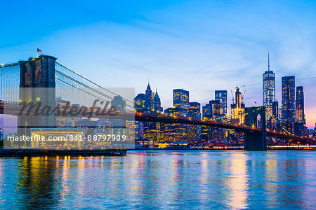 Brooklyn Bridge and Manhattan skyline at sunset, New York City, New York, United States of America, North America