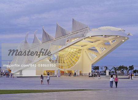 Twilight view of the Museum of Tomorrow (Museu do Amanha) by Santiago Calatrava, Praca Maua, Rio de Janeiro, Brazil, South America