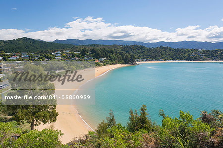 View from hillside over the sandy beach at Little Kaiteriteri, Kaiteriteri, Tasman, South Island, New Zealand, Pacific