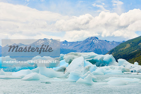 Blocks of ice float in one of the affluents of Lago Argentino, next to Perito Moreno Glacier, and wash ashore before they melt, Los Glaciares National Park, UNESCO World Heritage Site, Patagonia, Argentina, South America