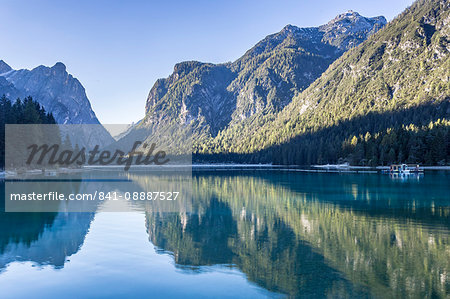 Lago di Dobbiaco (Toblacher See) in the Italian Dolomites, South Tyrol, Italy, Europe Lago di Dobbiaco (Toblacher See) in the Italian Dolomites, South Tyrol, Italy, Europe
