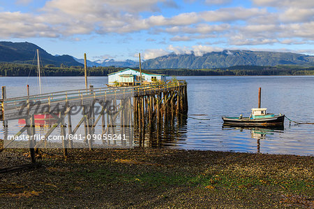 Alert Bay, boats, old dock building and jetty on piles, Vancouver Island, Inside Passage, British Columbia, Canada, North America