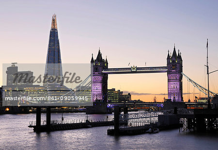 Tower Bridge and The Shard illuminated at night, London, England, United Kingdom, Europe