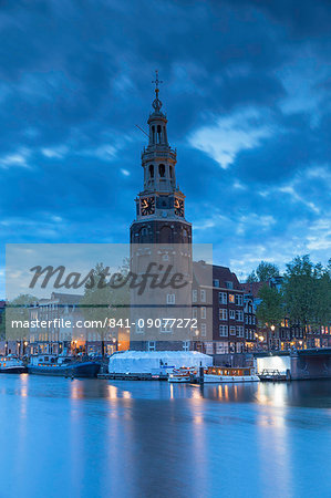 Montelbaan Tower at dusk, Amsterdam, Netherlands, Europe