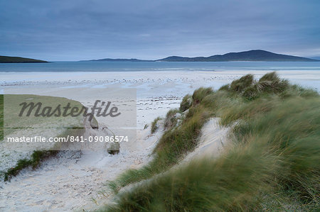 Looking across the dunes and beach towards Taransay from Seilebost, Isle of Harris, Outer Hebrides, Scotland, United Kingdom, Europe