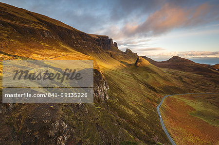 Sunset over the Trotternish Range from the Quiraing on the Isle of Skye, Inner Hebrides, Scotland, United Kingdom, Europe