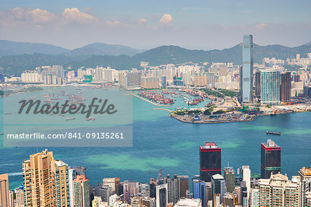 New Yau Ma Tei Typhoon Shelter and city skyline, viewed from Victoria Peak, Hong Kong, China, Asia