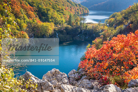 Elevated view from a lookout over the Lower Lakes inside Plitvice Lakes National Park, UNESCO World Heritage Site, Croatia, Europe