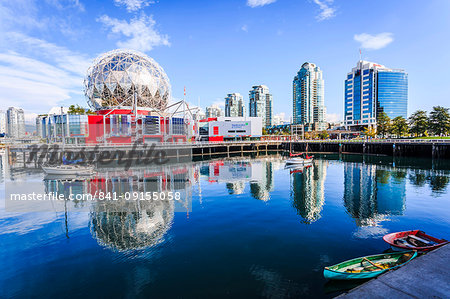 View of False Creek and Vancouver skyline, including World of Science Dome, Vancouver, British Columbia, Canada, North America