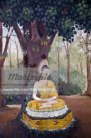 Fresco depicting Buddha meditating under a tree in a scene of the Buddha's life in Wat Phra Doi Suthep, Chiang Mai, Thailand, Southeast Asia, Asia