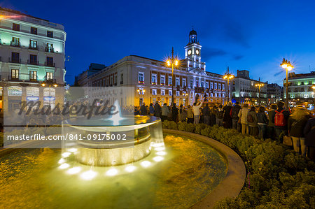 View of King Carlos lll statue and Easter Parade, Puerta del Sol at dusk, Madrid, Spain, Europe