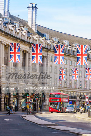 Union flags flying in Regent Street, London, W1, England, United Kingdom, Europe
