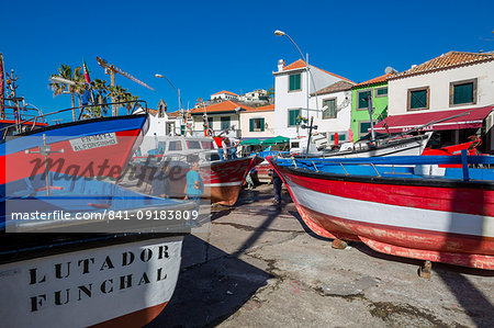 Colourful fishing boats in harbour in Camara de Lobos, Madeira, Portugal, Atlantic, Europe