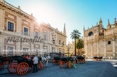 Horse-drawn carriages for hire on Plaza del Triunfo, Seville, Andalusia, Spain, Europe