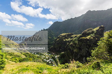 Overlooking the town of Hanavave, Fatu Hiva, Marquesas, French Polynesia, South Pacific, Pacific