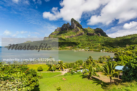 Palm lined inner lagoon of Bora Bora, Society Islands, French Polynesia, South Pacific, Pacific