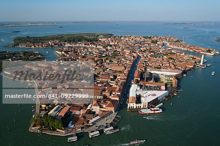 View of Murano island from the helicopter, Venice Lagoon, UNESCO World Heritage Site, Veneto, Italy, Europe