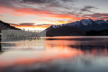 Queenstown and Bob's Peak with dramatic sky at sunrise, Otago, South Island, New Zealand, Pacific