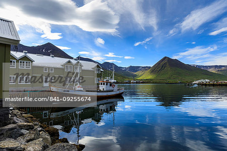 Fishing boat, hotel, mountain and fjord scenery, Siglufjordur, (Siglufjorour), stunning Summer weather, North Iceland, Europe, Europe