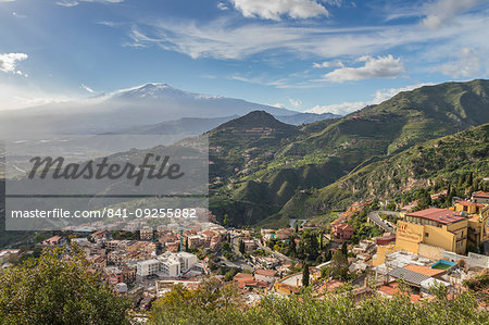 View from Madonna della Rocca church over Taormina and to Mount Etna, Taormina, Sicily, Italy, Europe