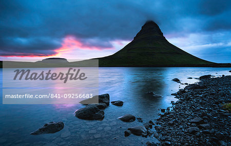 Kirkjufell (Church Mountain) at sunset, Snaefellsnes peninsula, Western Region (Vesturland), Iceland, Polar Regions