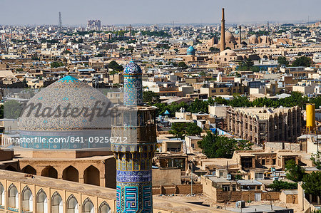 Minaret of the Imam Mosque, Sheikh Lotfollah Mosque, and cityscape, Isfahan, Iran, Middle East