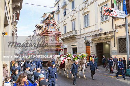 An ornate Ox cart for the Explosion of the Cart festival (Scoppio del Carro) where on Easter Sunday a cart of pyrotechnics is lit, Florence, Tuscany, Italy, Europe
