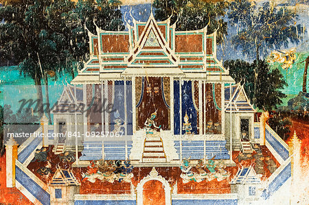 Fresco of the Reamker, the Khmer version of the Ramayana epic poem, Royal Palace cloisters, Royal Palace, Phnom Penh, Cambodia, Indochina, Southeast Asia, Asia