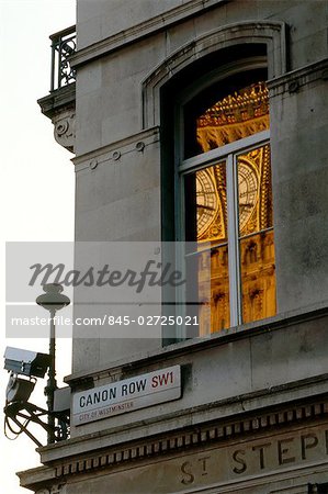 Reflection of Big Ben, Canon Row, London, 1840 - 1888.with CCTV camera.