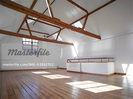 Empty office space with exposed timber beams and velux windows