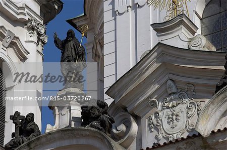 Church of St Nicholas, Old Town, Prague. Detail of statues and pediments