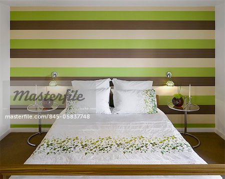 Striped lime green and brown wallpaper in private House, Worsley, Salford, Greater Manchester, England, UK. Architects: Stephenson Bell
