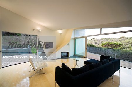 Geometric living room in Klein Bottle House, Rye, Victoria, Australia. Architects: McBride Charles Ryan, 2007. Architects: McBride Charles Ryan
