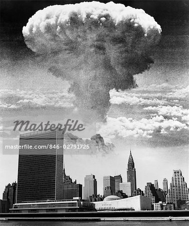 1950s 1960s MUSHROOM CLOUD OVER UNITED NATIONS BUILDING NEW YORK CITY WATERFRONT SKYLINE