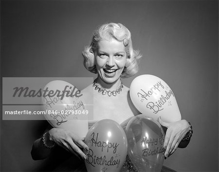 1950s Woman Portrait Holding Balloons Saying Happy Birthday Stock Photo Masterfile Rights Managed Artist Classicstock Code 846