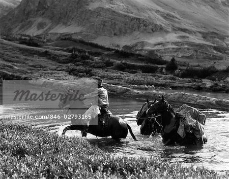 COWBOY WEARING ANGORA CHAPS CROSSING A STREAM LEADING TWO PACK HORSES LOADED WITH EQUIPMENT BAKER LAKE ALBERTA CANADA