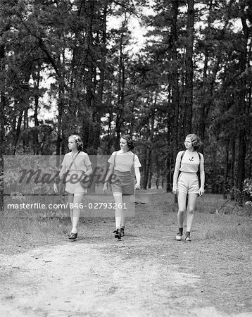 THREE YOUNG WOMEN WALKING IN WOODS HIKING - Stock Photo - Masterfile - Rights-Managed, Artist: ClassicStock, 846-02793261