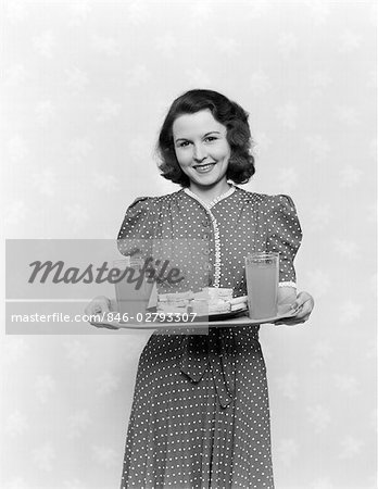 1950s WOMAN DRINKS SANDWICHES SNACKS SMILING RETRO
