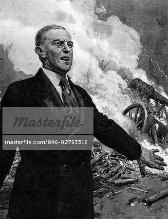 WOODROW WILSON 1856 - 1924 STANDING BEFORE BATTLE SCENE ANNOUNCING LEAGUE OF NATIONS 28th AMERICAN PRESIDENT