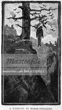 LYNCH LAW DARK DRAWING OF MAN HANGING FROM LIMB OF TREE AS WARNING TO  HORSE-STEALERS - Stock Photo - Masterfile - Rights-Managed, Artist:  ClassicStock, Code: 846-02793321