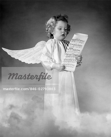 COMPOSITE PHOTO OF GIRL WITH WINGS STANDING IN CLOUDS SINGING WHILE HOLDING SHEET MUSIC WEARING A WHITE SMOCK