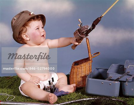 BABY WITH FISHING HAT AND GEAR HOLDING FISHING ROD STUDIO TACKLE BOX CREEL  BASKET - Stock Photo - Masterfile - Rights-Managed, Artist: ClassicStock,  Code: 846-02794000