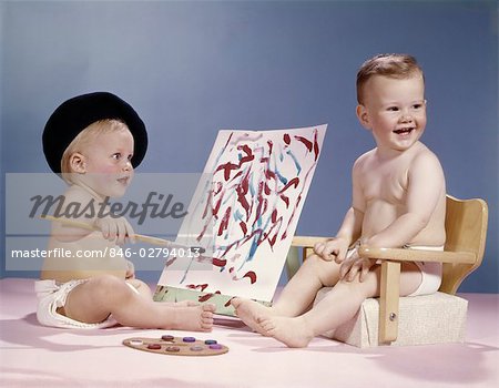 1960s TWO BABIES ARTIST PAINT POSE HAPPY