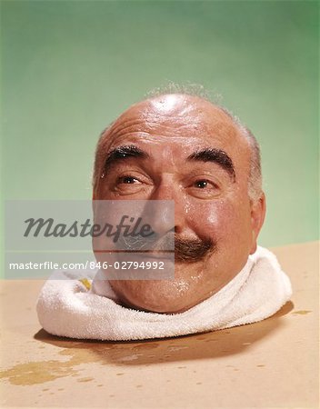 1960s HEAD OF BALD MAN WITH MOUSTACHE PROTRUDING FROM STEAM BATH CHAMBER FLUSHED SWEAT PERSPIRE HOT SPA HEALTH