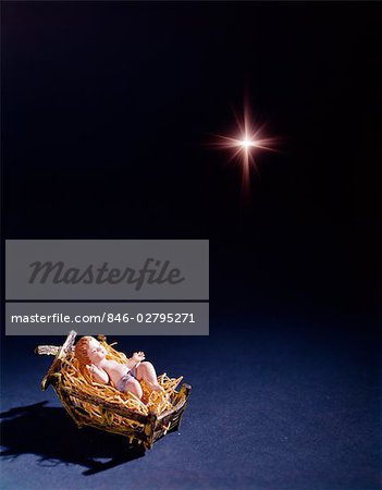 1960s STAR OF BETHLEHEM ABOVE BABY JESUS LYING IN MANGER